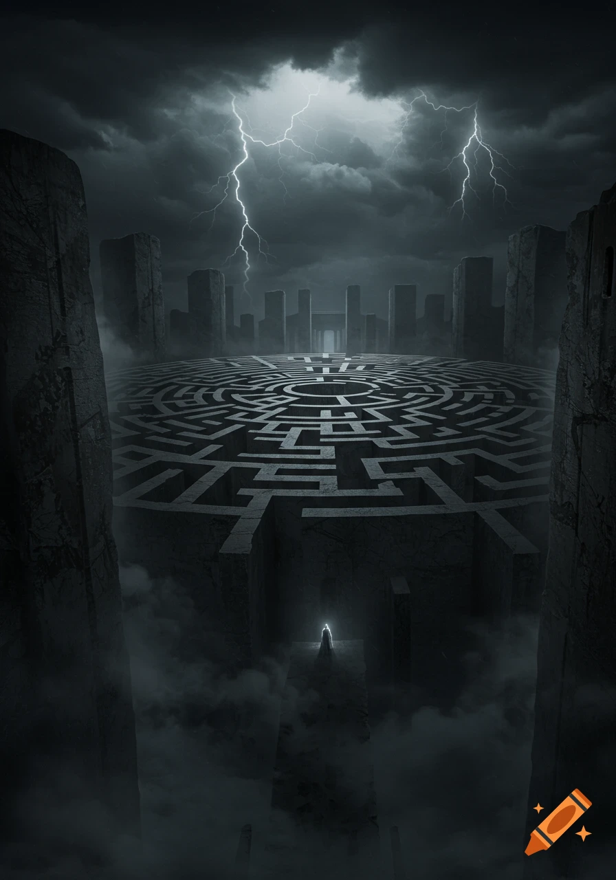 A dark, ominous giant labyrinth under a stormy sky with lightning, featuring a small figure at the bottom.
