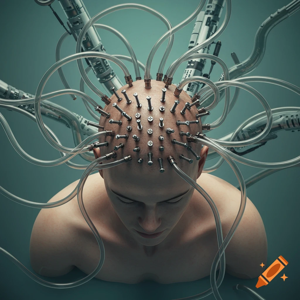 Top view of a person with many screws in their head, connected by clear tubes to machinery, against a teal background.