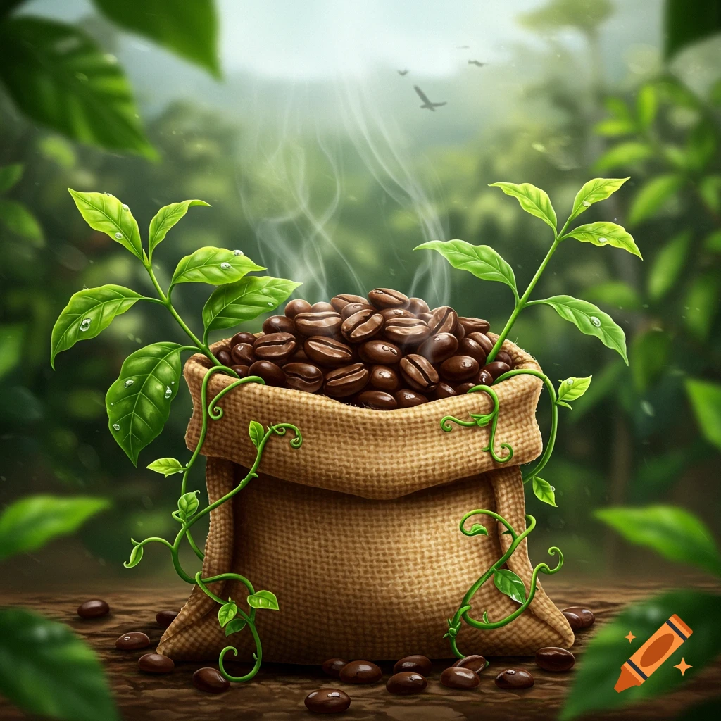 An illustrative image of a burlap bag overflowing with steaming coffee beans and green coffee plants, set in a vibrant forest.