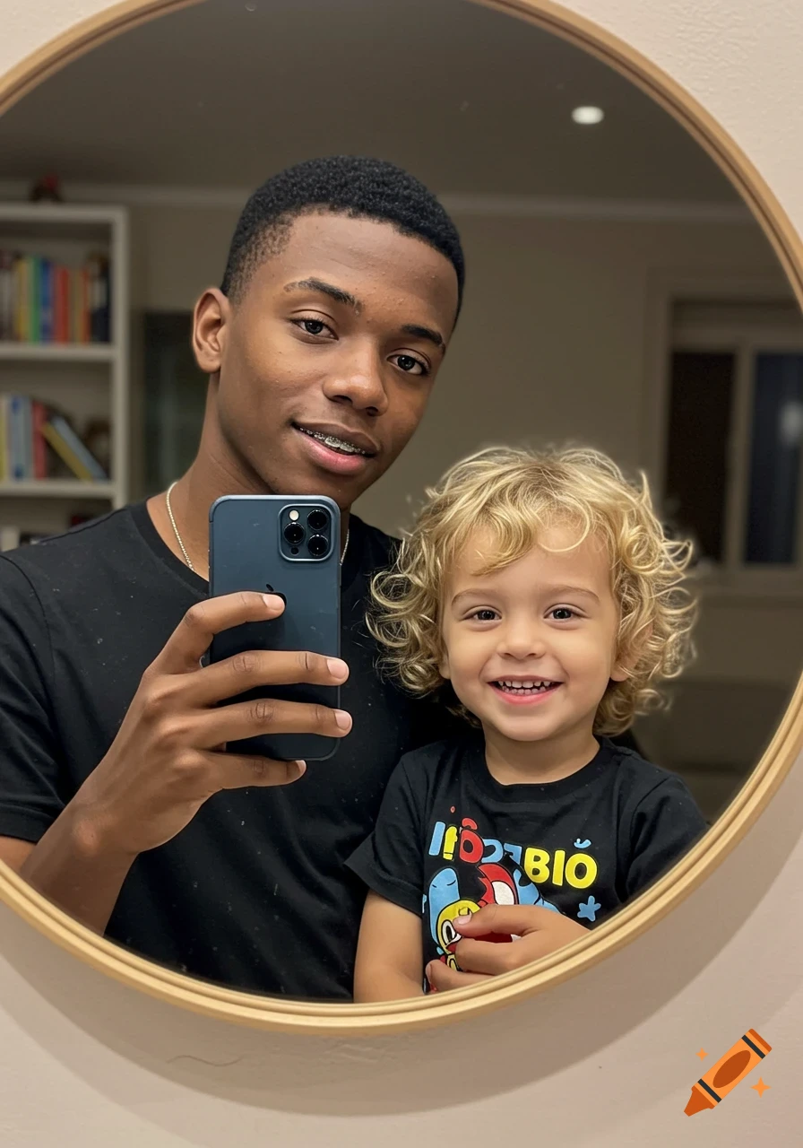 A smiling young man with braces holds a blonde, curly-haired child while taking a mirror selfie with a phone.
