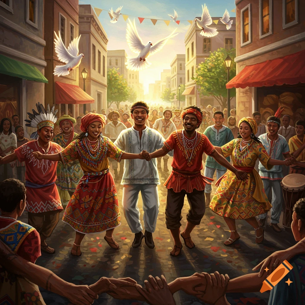 People in colorful traditional clothing dance joyfully in a street, holding hands, with doves flying overhead at sunset.