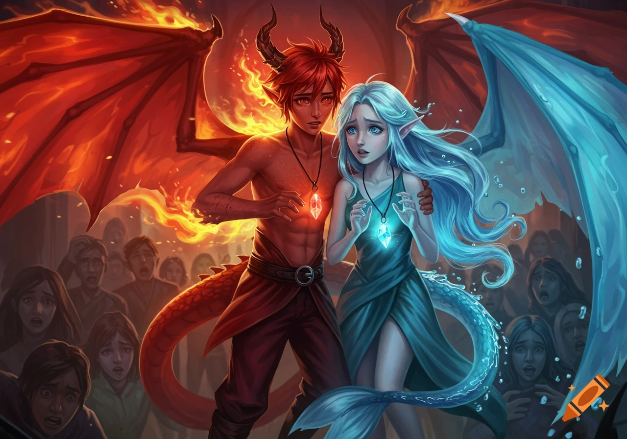 A fire dragon boy with red hair and wings protects a blue-haired water dragon girl with fins and wings, as a frightened crowd watches behind them in a realistic cartoon style.