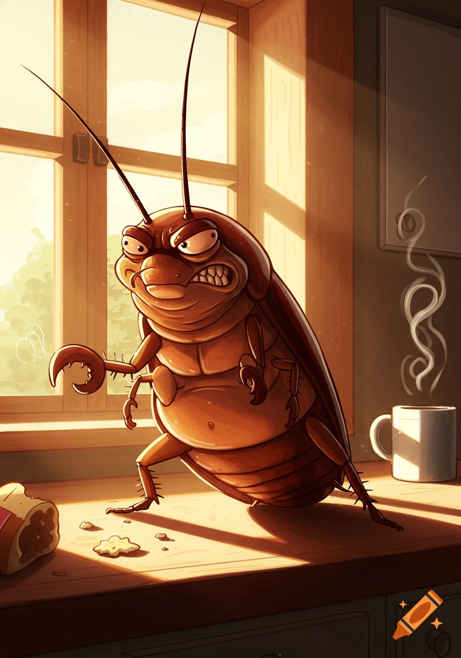 A cartoon of a large, mean-looking cockroach standing on a sunlit kitchen counter with crumbs and a coffee cup.