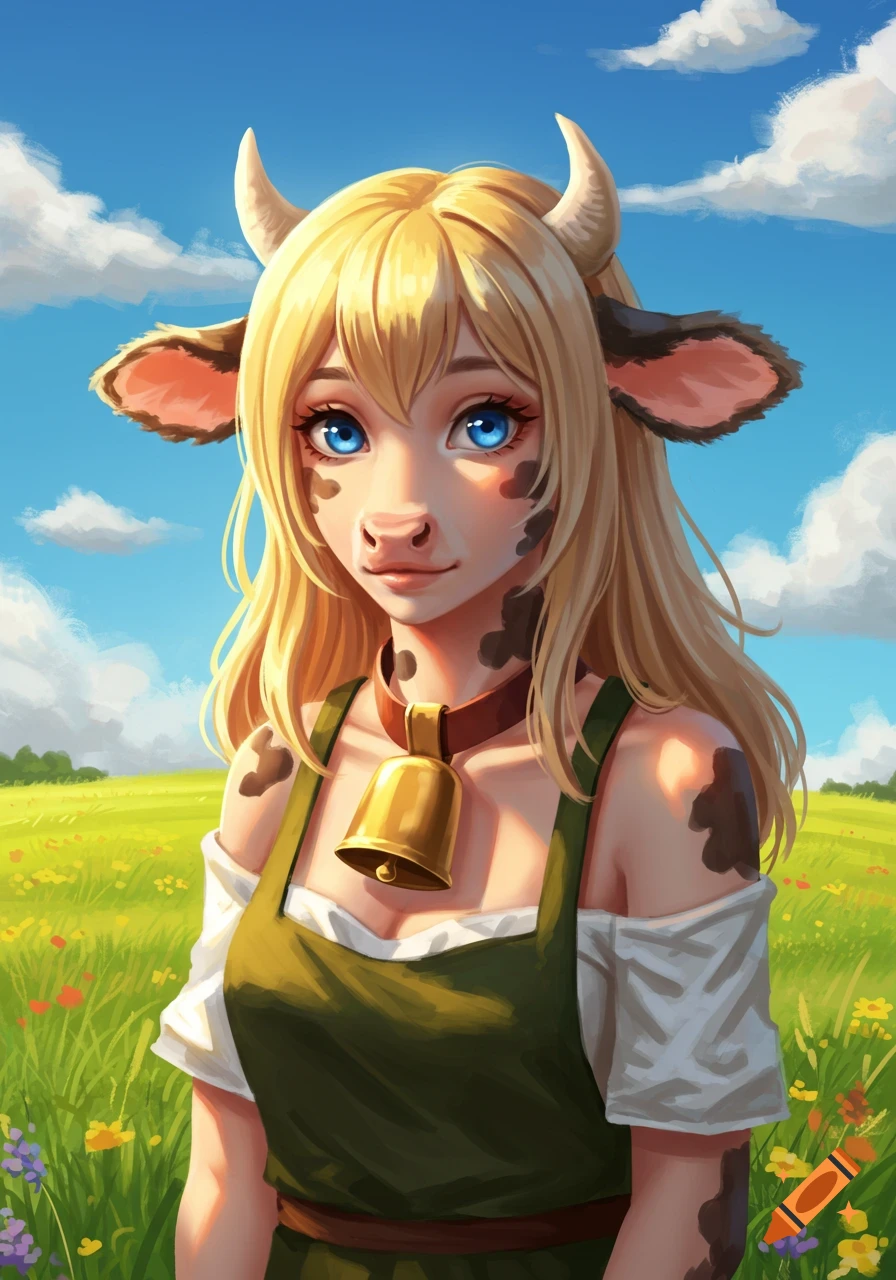 A stylized bovine demi-human female with blonde hair, blue eyes, horns, and a cowbell, standing in a vibrant green field under a blue sky.