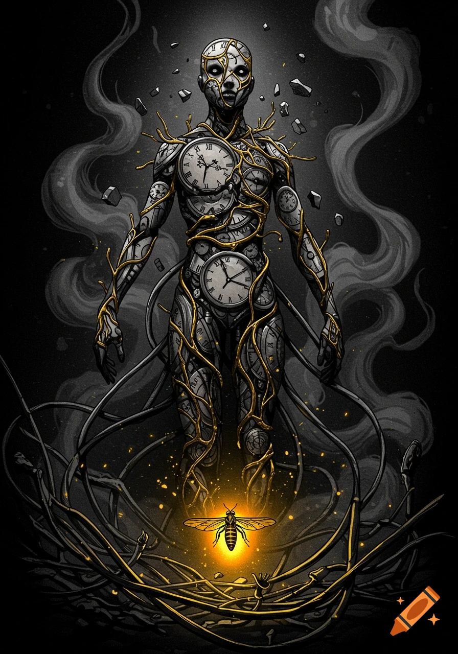A stylized, dark illustration of a towering figure made of clock parts and gold veins, surrounded by wires and smoke, with a glowing firefly at its base.