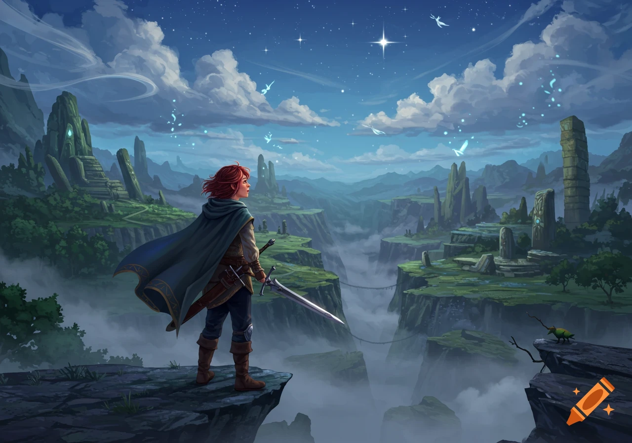 A red-haired character in a green cloak and boots stands on a cliff, holding a sword, overlooking a vast fantasy landscape with ancient ruins and misty valleys under a starry night sky.