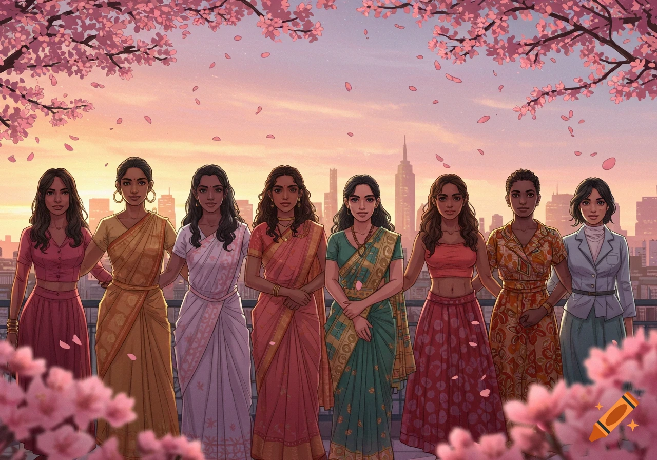Eight women in diverse attire stand on a rooftop with a city skyline at sunset, framed by pink cherry blossoms in an illustration style.