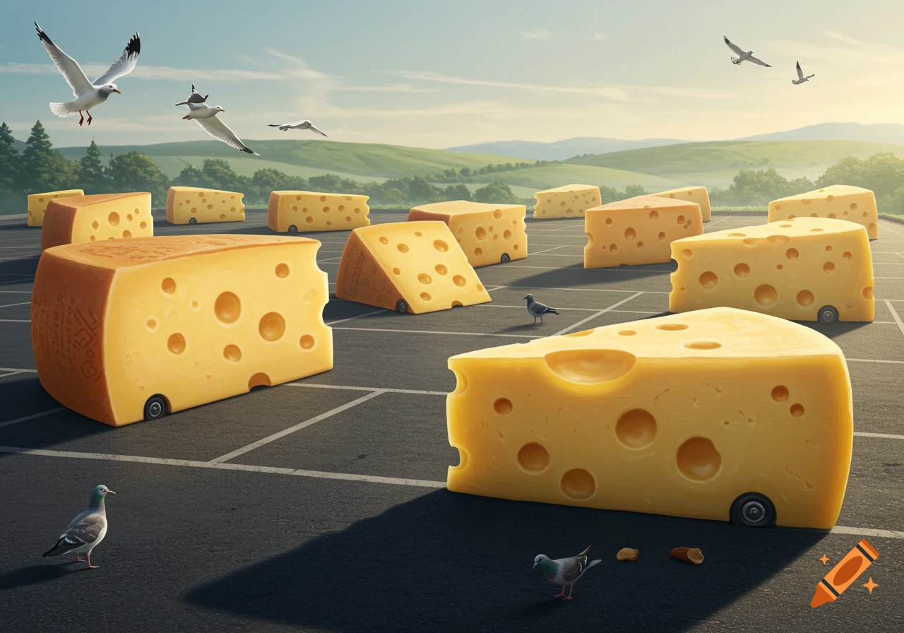 A surreal landscape of large, wheeled cheese blocks resembling vehicles in a paved parking lot, with pigeons and seagulls flying overhead.