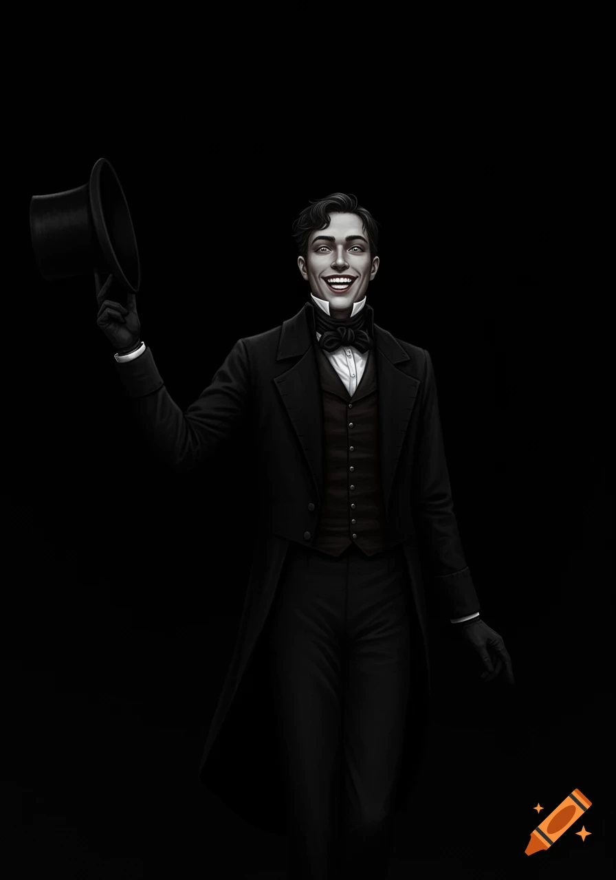 Smiling man in a black regency-era suit doffs his top hat against a dark background.