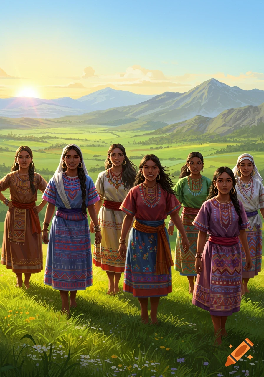 Seven women in colorful traditional dresses walk through a green, grassy field with mountains and a sunrise in the background.