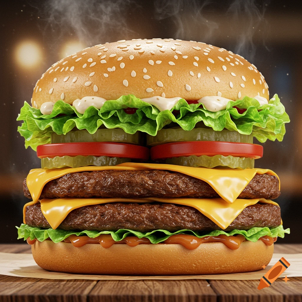 A photorealistic thick double cheeseburger with lettuce, tomato, pickles, melted cheese, and a sesame seed bun, resting on a wooden table with steam rising.