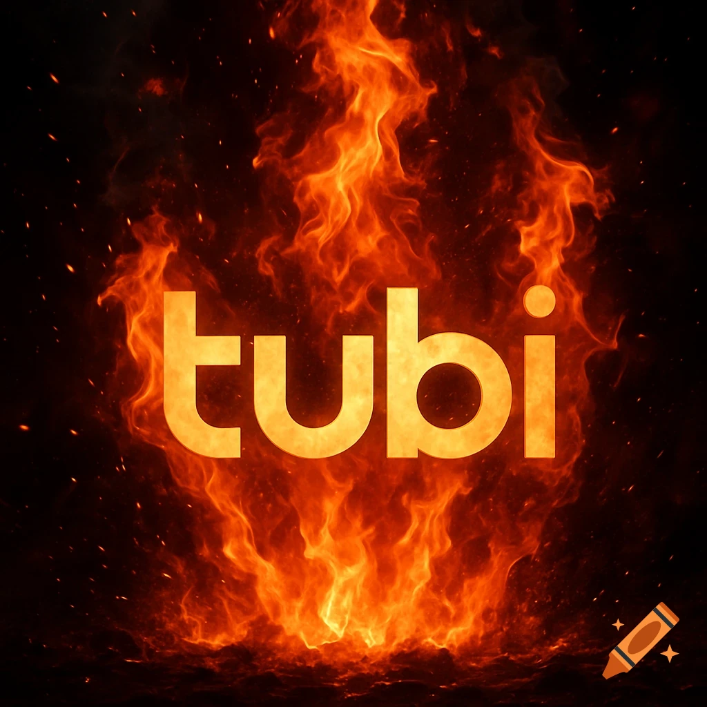 The Tubi logo glows orange and yellow, surrounded by vibrant flames and embers against a dark background.