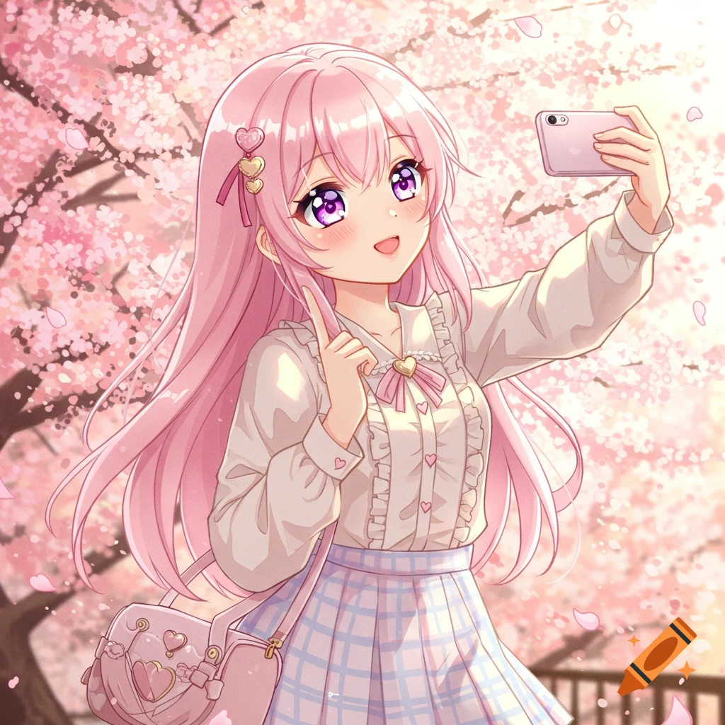 An anime girl with pink hair takes a selfie under cherry blossoms.