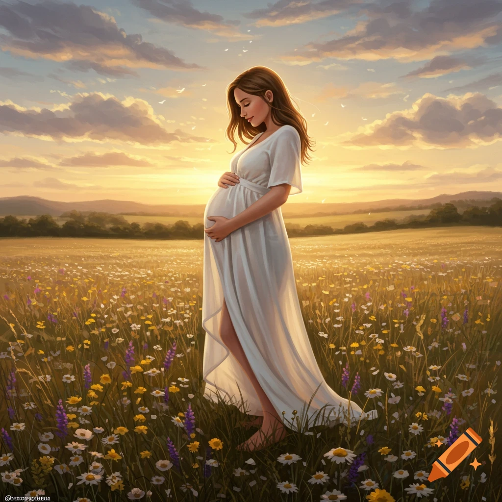 A pregnant woman in a white dress stands in a sunlit field of wildflowers at sunset, gently holding her belly.