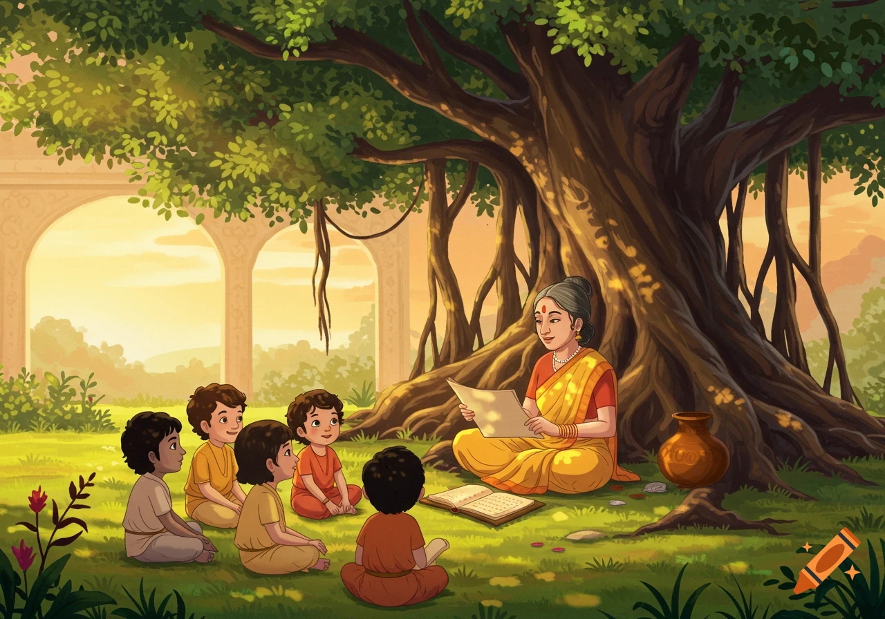A cartoon-style ancient Indian scene shows a woman in a yellow sari reading from a scroll to children sitting under a large banyan tree.