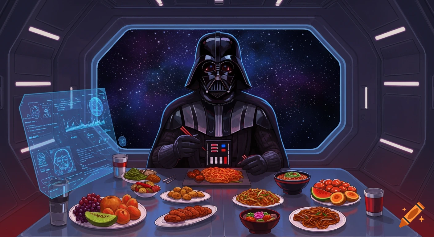 Darth Vader eats various foods with chopsticks at a table inside a spaceship, with a holographic display and space outside the window.