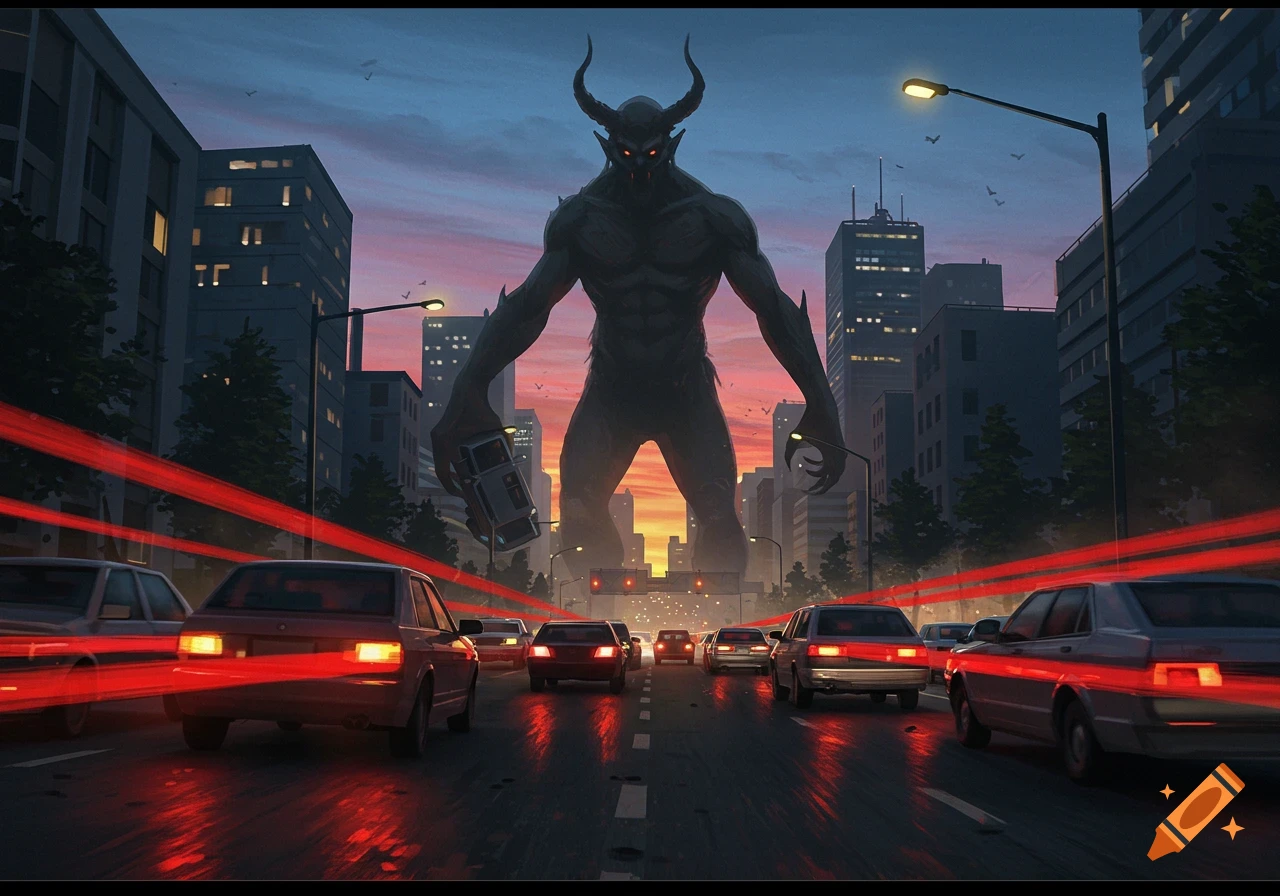 A gigantic horned demon stands in a city road at dusk, holding a car amidst traffic. Digital art.