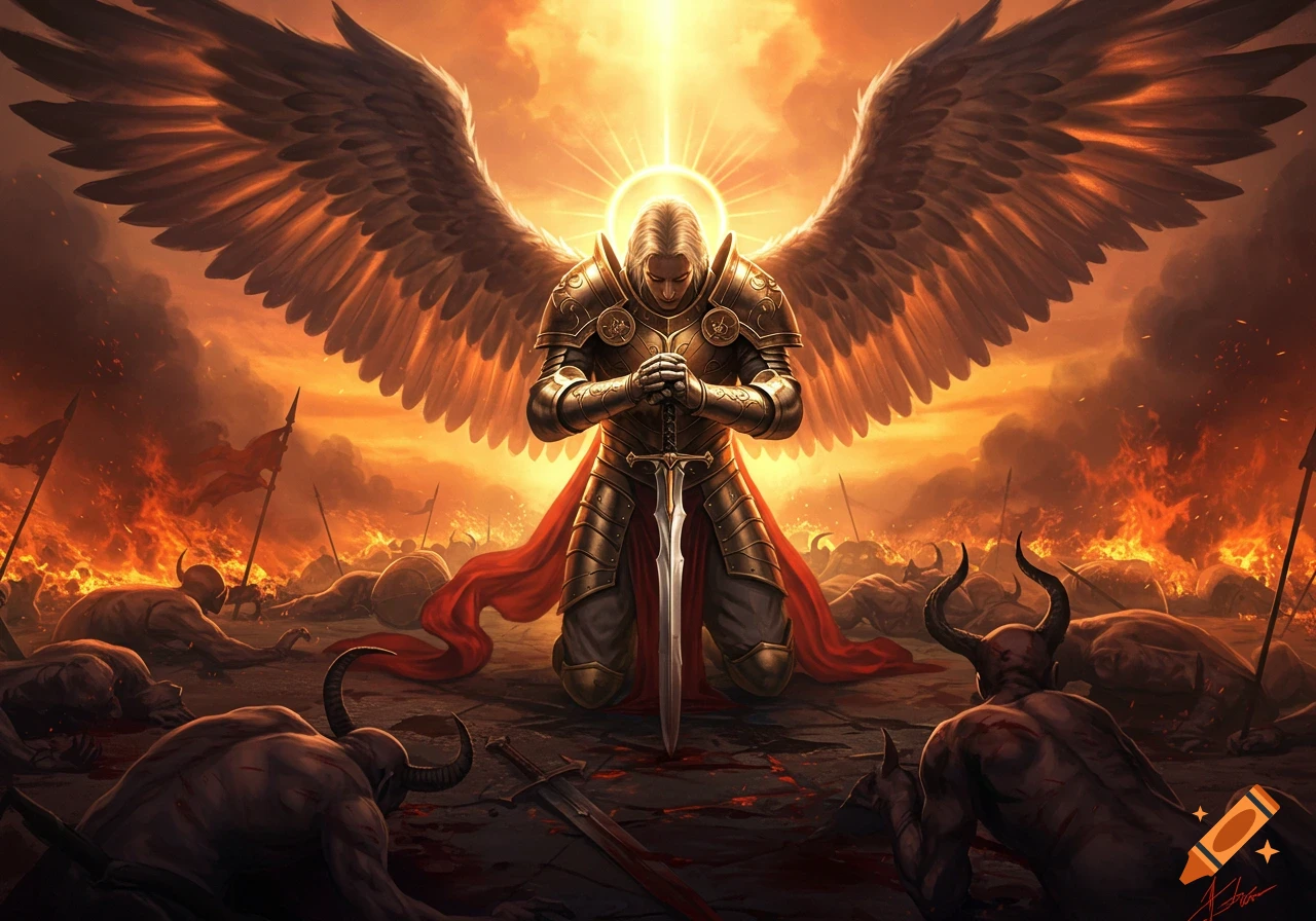 A majestic archangel in golden armor kneels with a sword in a fiery battleground, surrounded by defeated demons under an orange sky.