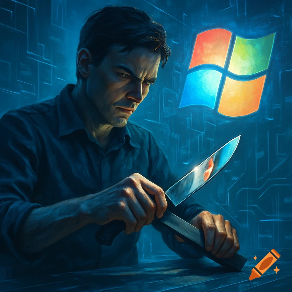 A man intently sharpens a knife against a dark, blue background with a glowing Windows logo, in a digital art style.