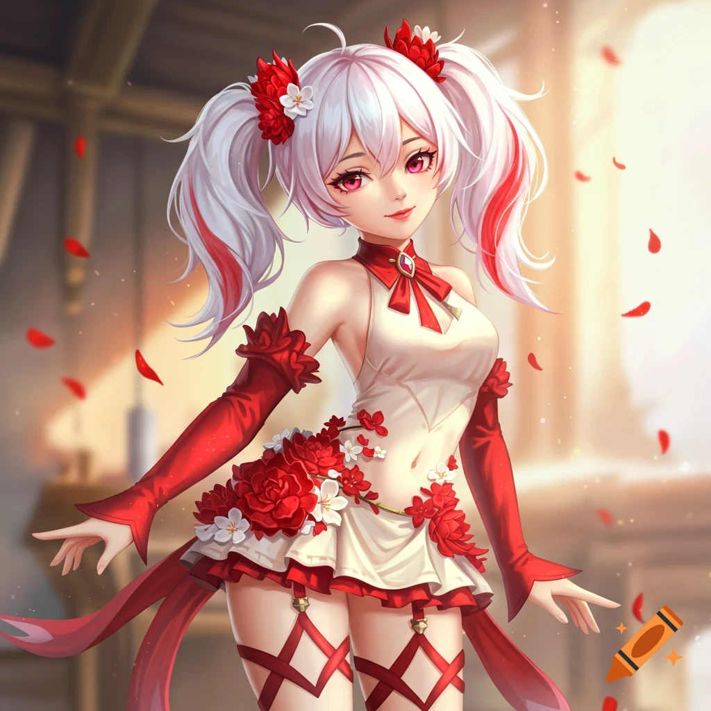 An anime girl with white and red twin-tail hair, red eyes, and a white and red dress adorned with red and white flowers. She wears red gloves and leg straps. The background is softly blurred with falling red petals.