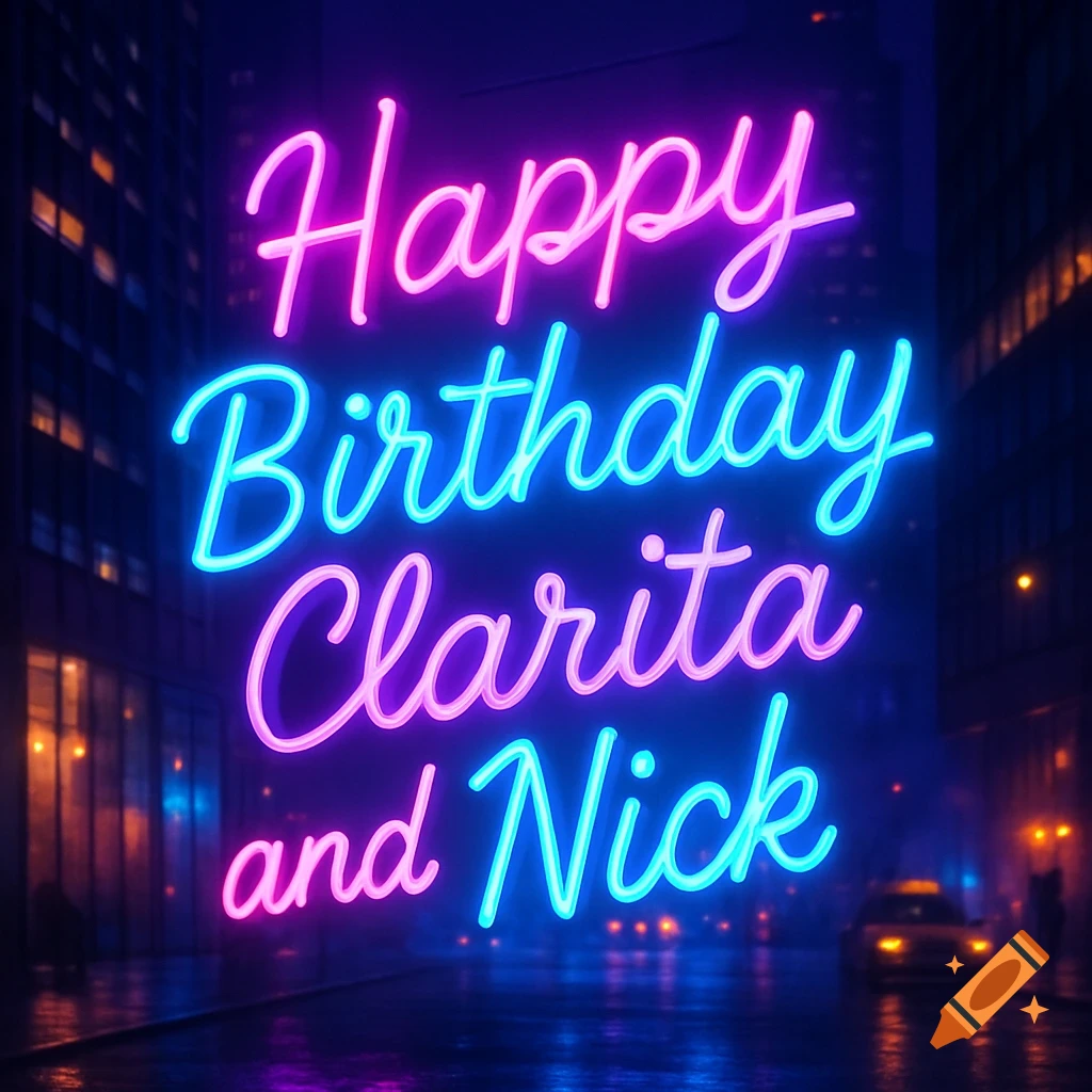 A vibrant neon sign displays 'Happy Birthday Clarita and Nick' in pink and blue glowing letters against a blurred dark city street at night.