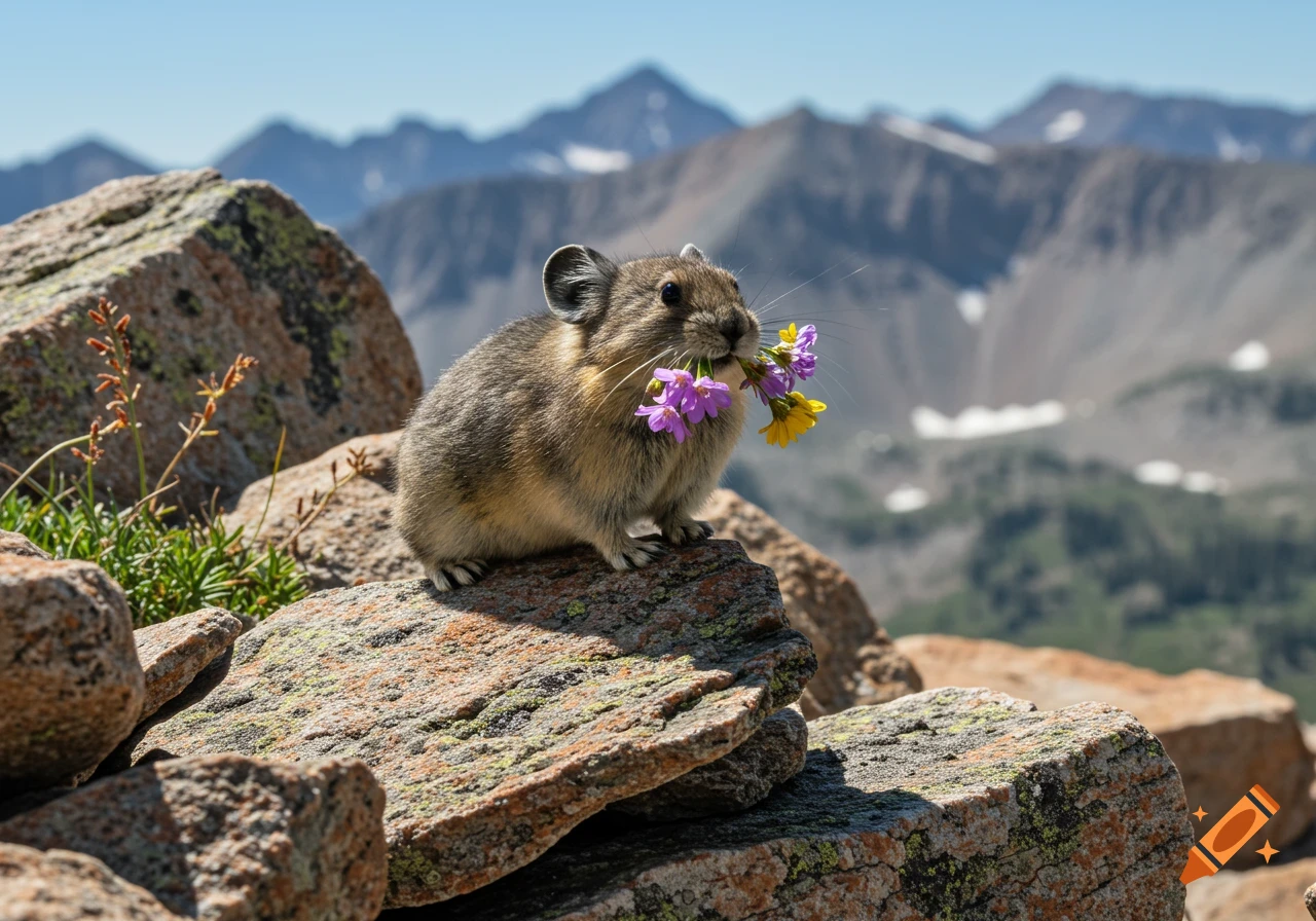 An American pika sits on rocks in the mountains, holding purple and yellow flowers in its mouth.