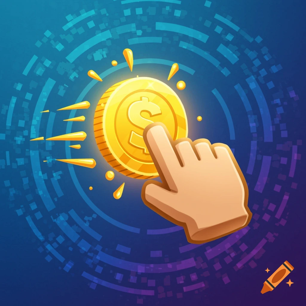 A cartoon hand cursor clicks a glowing gold coin with a dollar sign on a blue digital background, in a clean, stylized illustration.