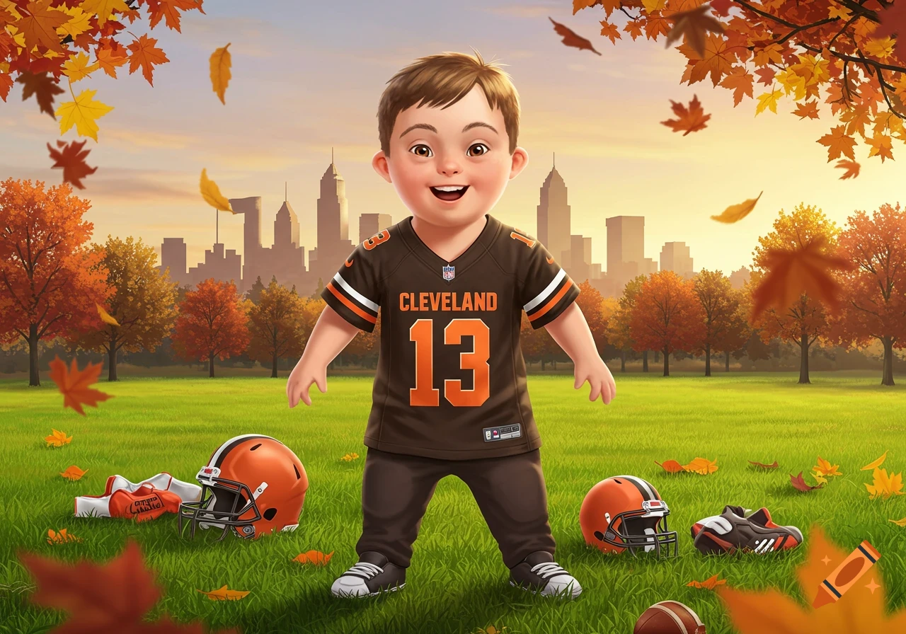 A cartoonish happy child with Down syndrome in a brown Cleveland football jersey stands in an autumn park with a city skyline in the background. Football gear is on the grass.