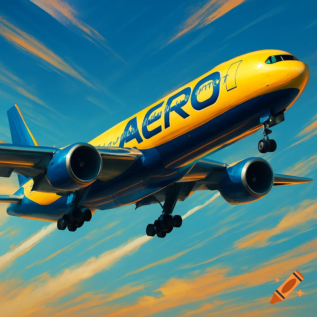 A large yellow and blue airplane, possibly a Boeing 777, with 'AERO' written on its side, takes off against a bright blue and orange sky.