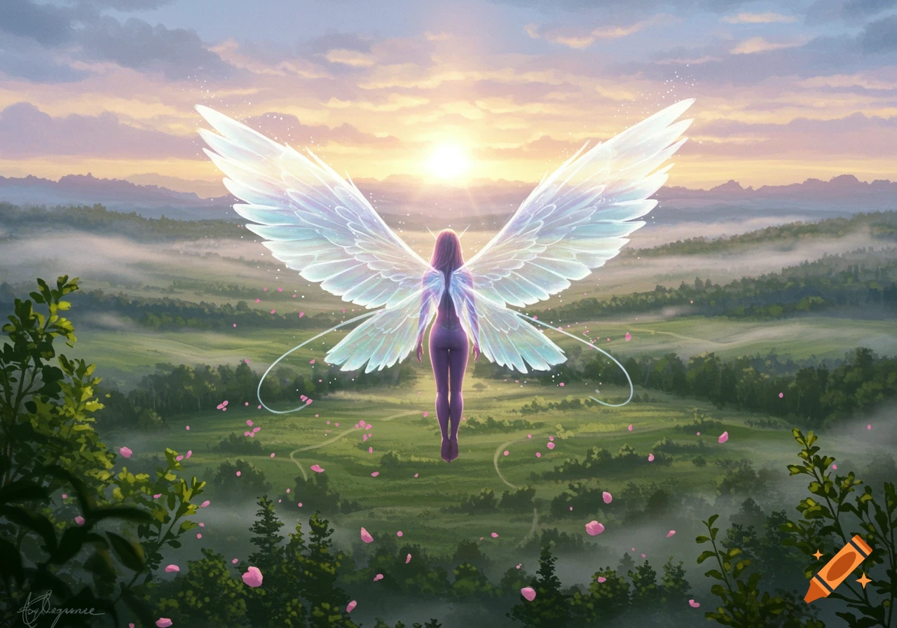 A winged figure floats above a misty green valley at sunset, with pink petals falling around. The figure has large, glowing iridescent wings.
