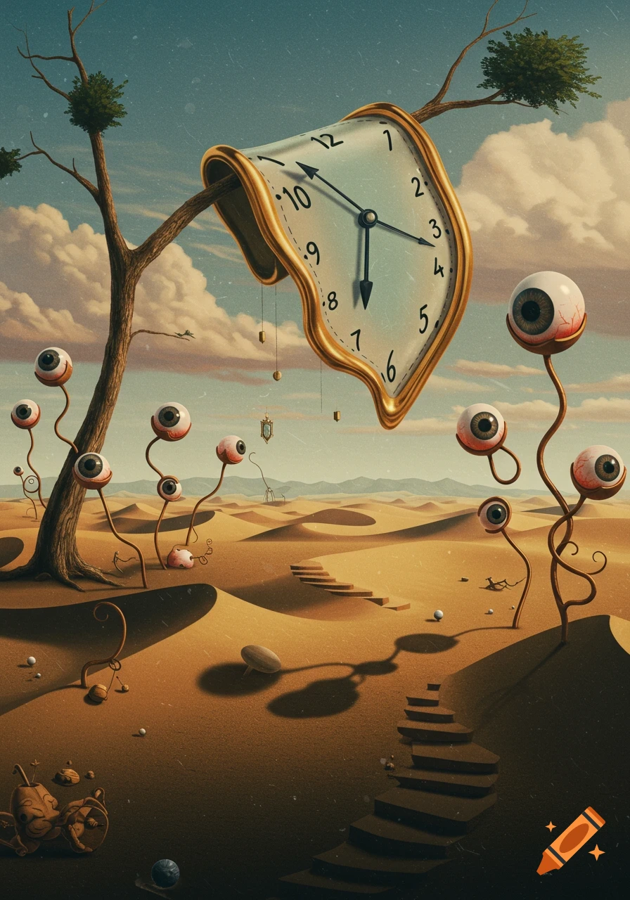 A surreal desert dreamscape with a melting clock hanging from a tree, eyestalk plants, and random staircases under a cloudy sky.