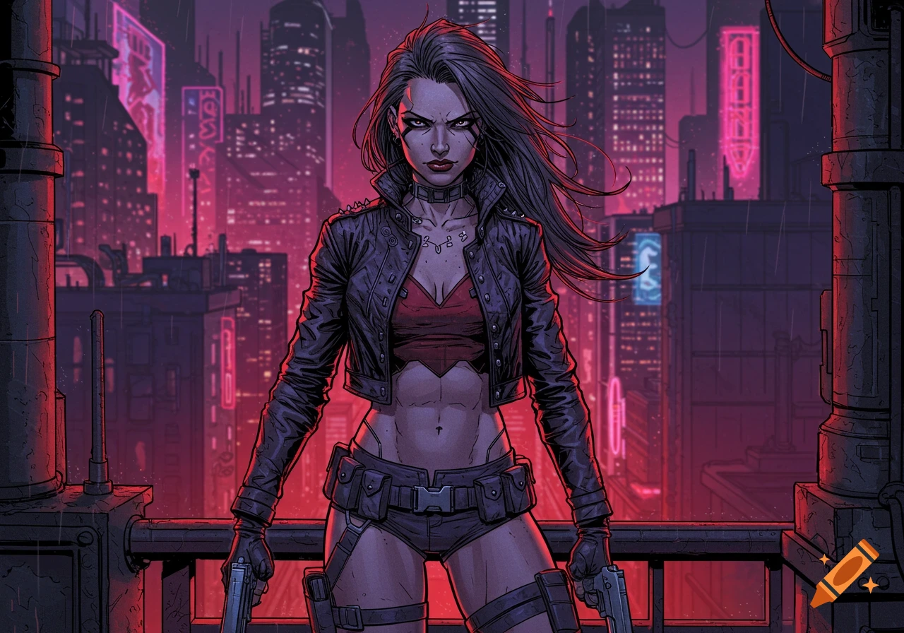 A fierce, dark-haired woman in a leather jacket and shorts, holding pistols, on a rooftop overlooking a neon-lit cyberpunk city, comic art style.