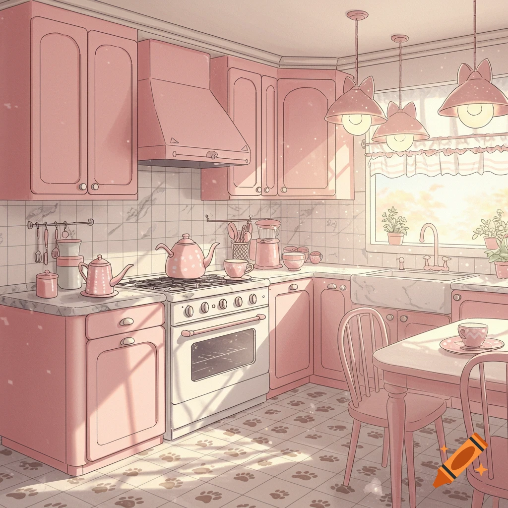 An anime illustration of a cute pink kitchen with cat paw prints on the floor, cat-ear light fixtures, and tea kettles on the stove.