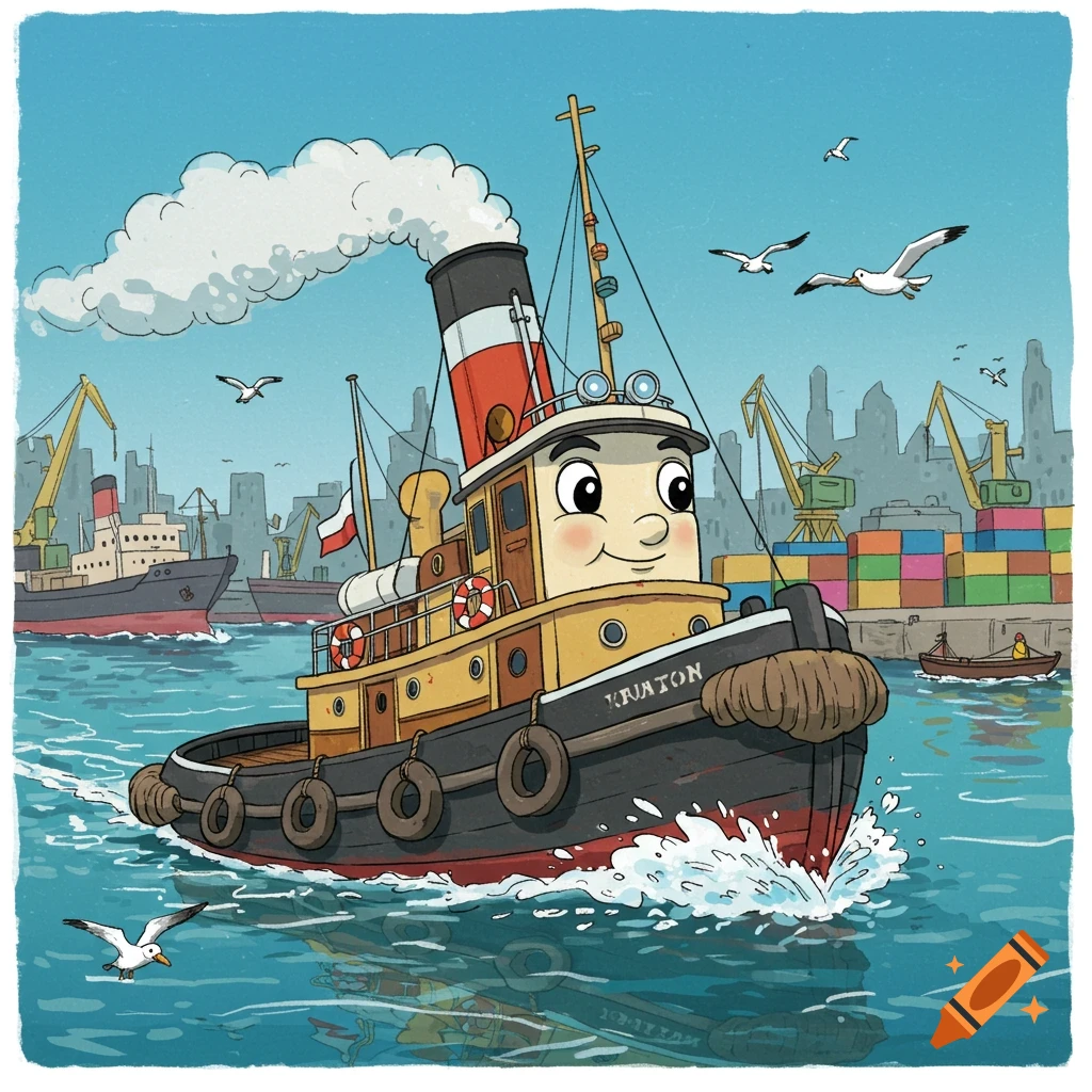 A cheerful cartoon tugboat with a smiling face sails through a busy harbor, surrounded by seagulls and larger ships.