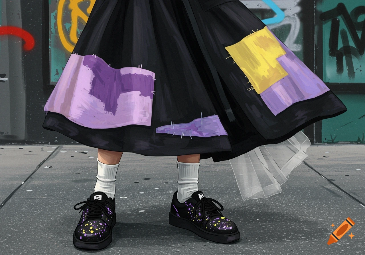 Close-up of a person's lower body wearing a black patched skirt, white socks, and black paint-splattered sneakers, standing on a sidewalk in front of a graffiti-covered wall.