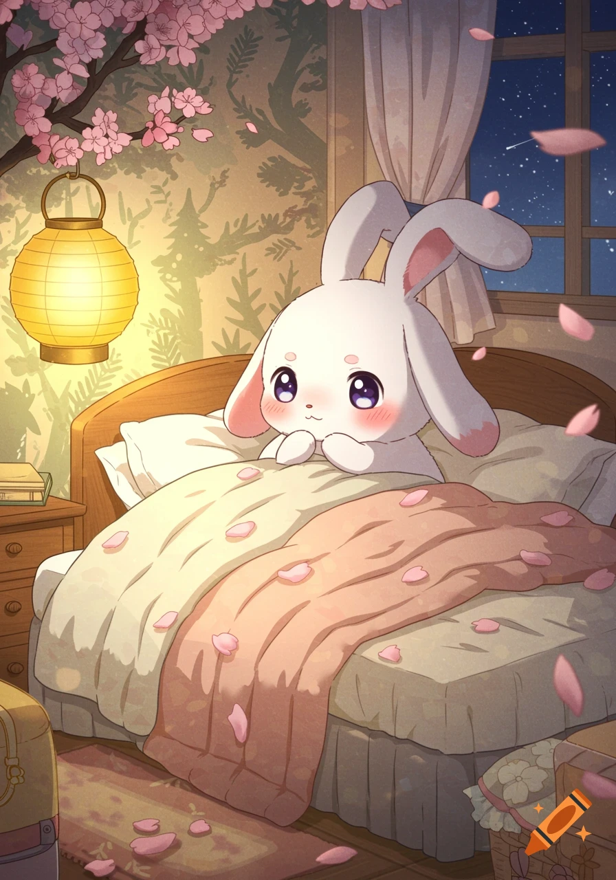 A cute white anime bunny with big purple eyes peeking out from under a bed blanket with pink cherry petals, in a cozy room.