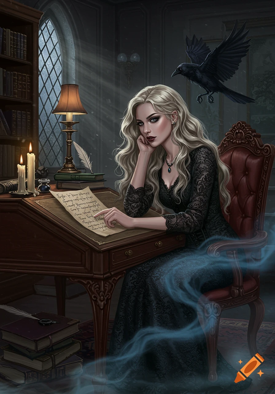A blonde woman in a black gothic dress sits at a wooden desk, looking at a paper with illegible text. A raven flies above her. The room is dark with a large window and bookshelves.