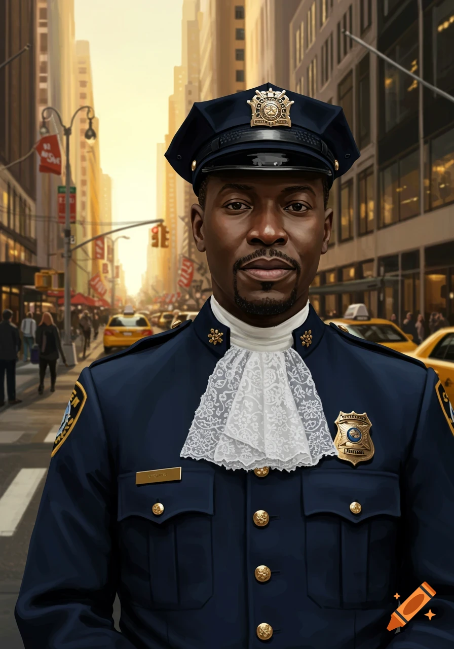A stylized illustration of a Black police officer in a dark blue uniform with a white jabot, standing on a city street with yellow cabs and tall buildings.