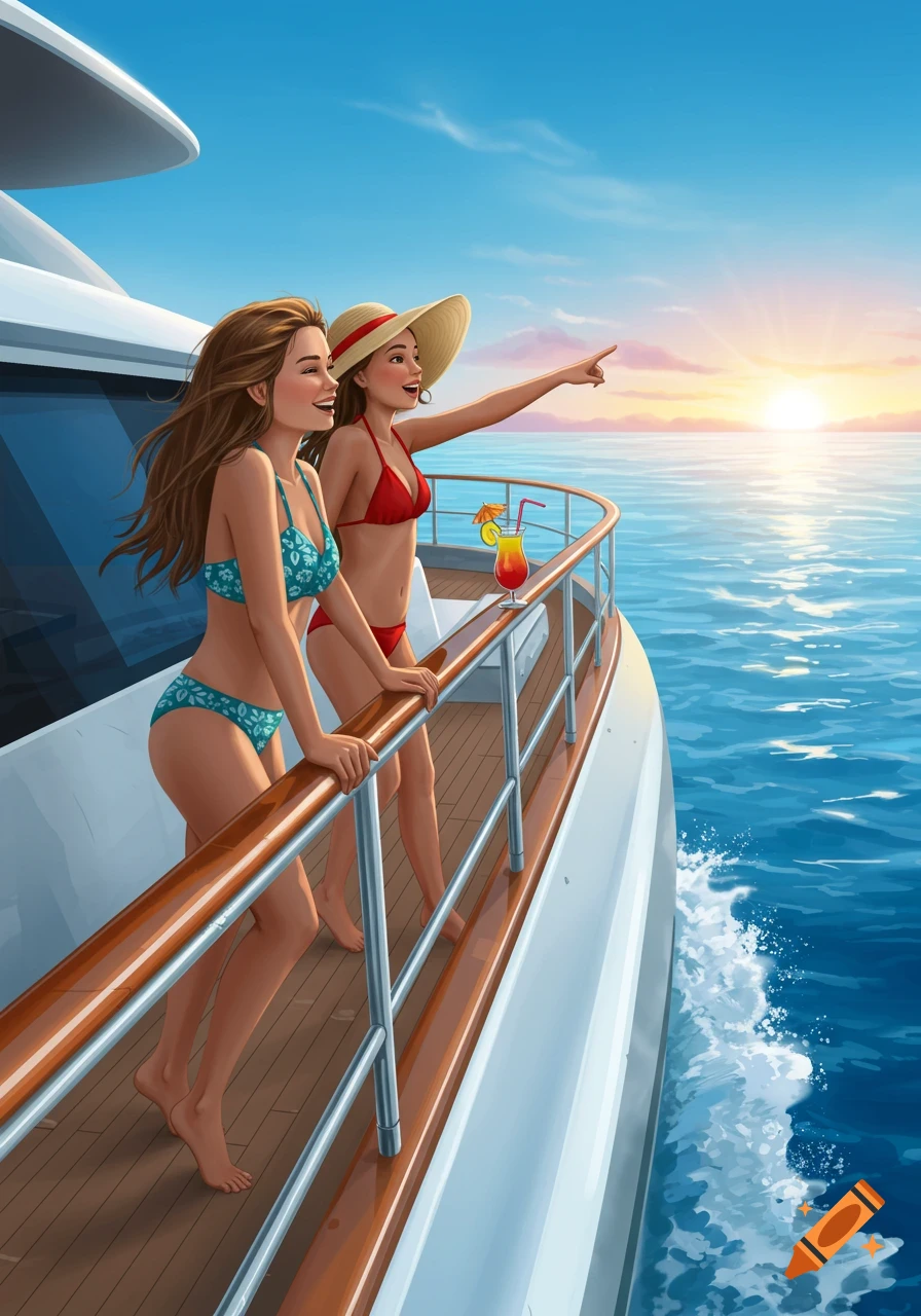 Two young women in bikinis on a yacht admiring the sunset over the ocean.