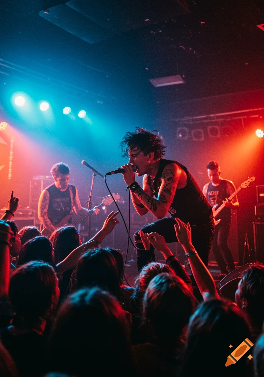 A band performs on a stage bathed in blue and red lights, with a singer holding a microphone and a crowd with raised hands in the foreground.