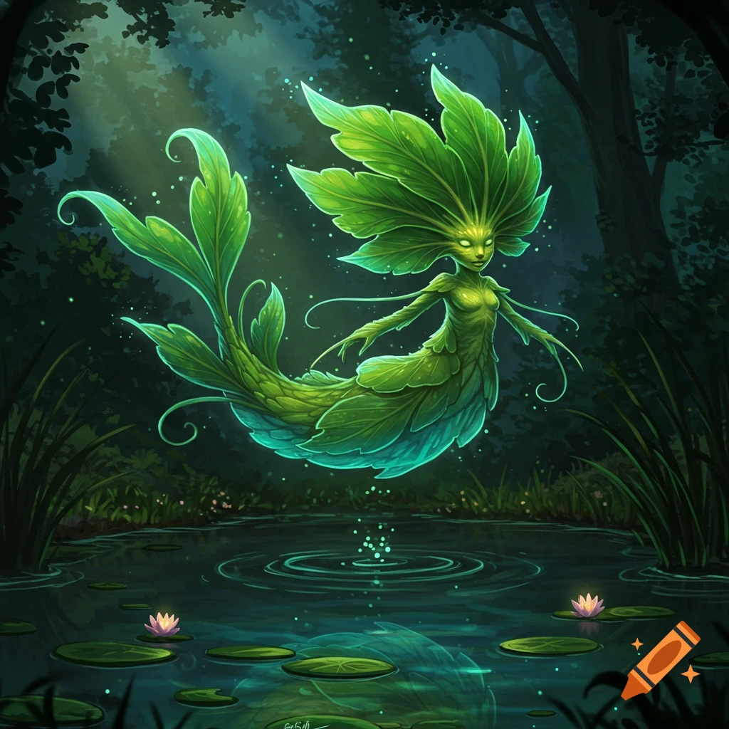 A mythical leaf-creature with glowing eyes floats above a glowing pond in a dark forest, with water lilies on the surface.