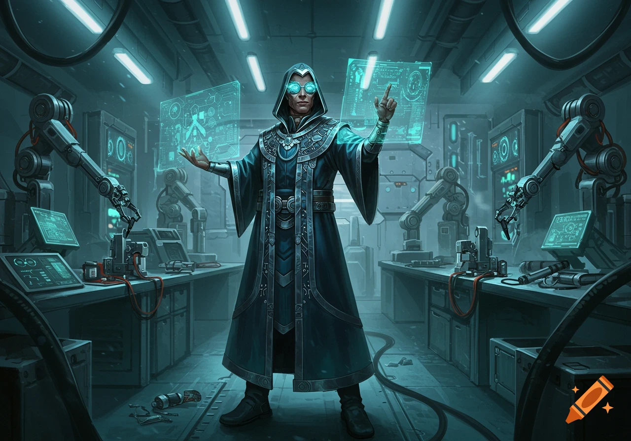 A tech-themed artificer in a futuristic lab with glowing glasses, interacting with holographic screens, surrounded by robotic arms.