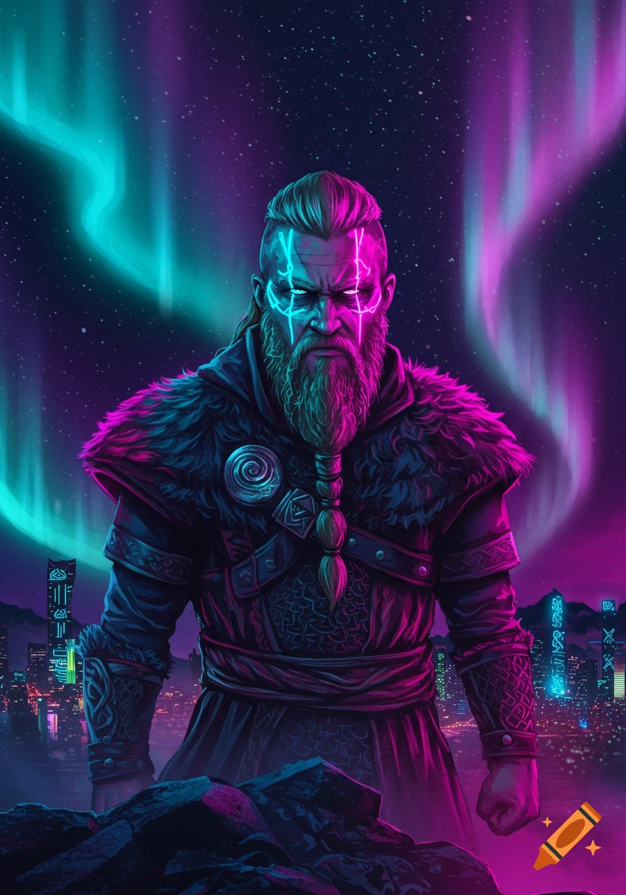 A stoic, bearded man with glowing neon tribal markings on his face, wearing fur and armor. Teal and magenta aurora lights fill the sky above a futuristic city skyline.