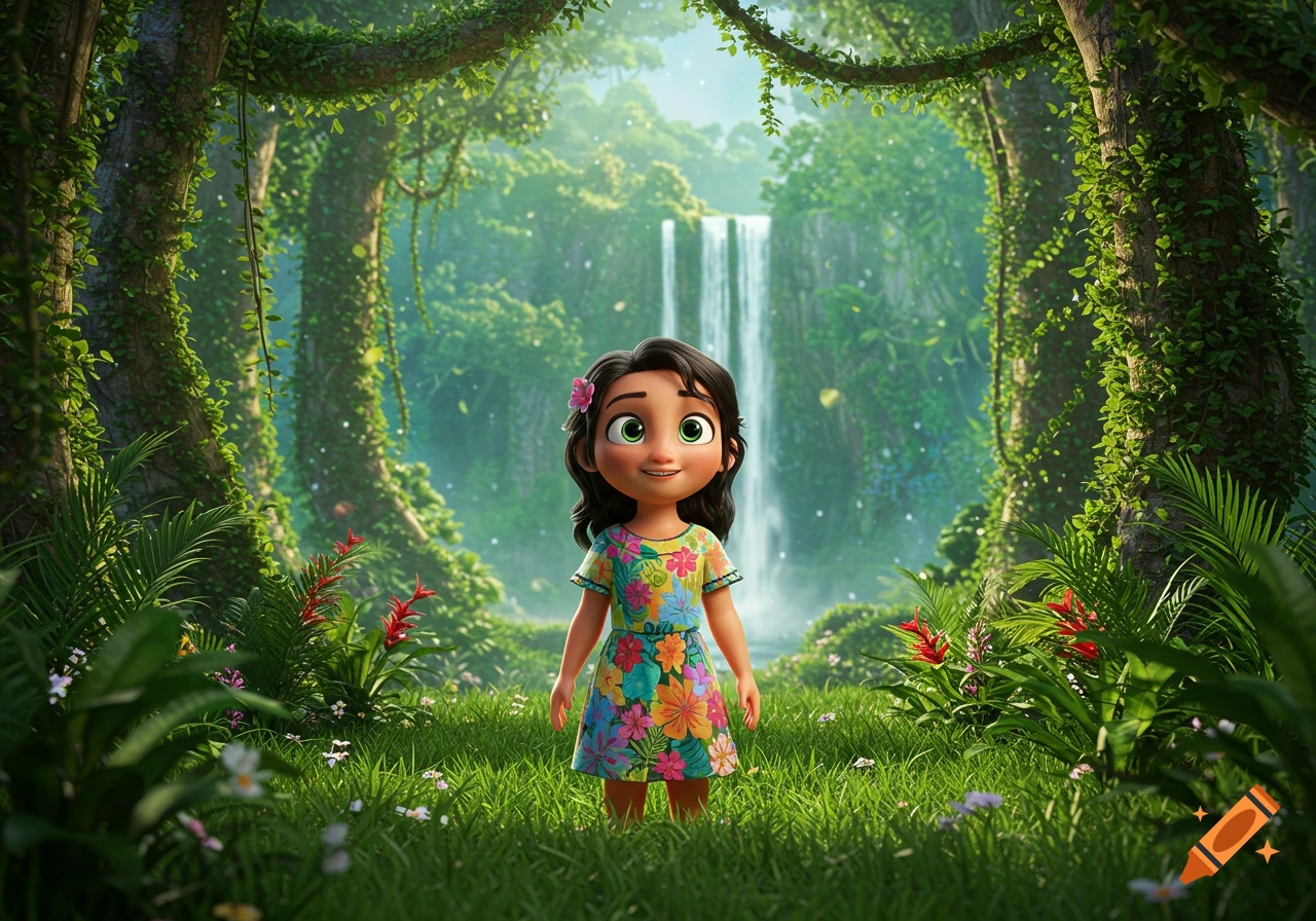 A cute 3D animated girl with dark hair and a floral dress stands in a lush rainforest with a large waterfall behind her.
