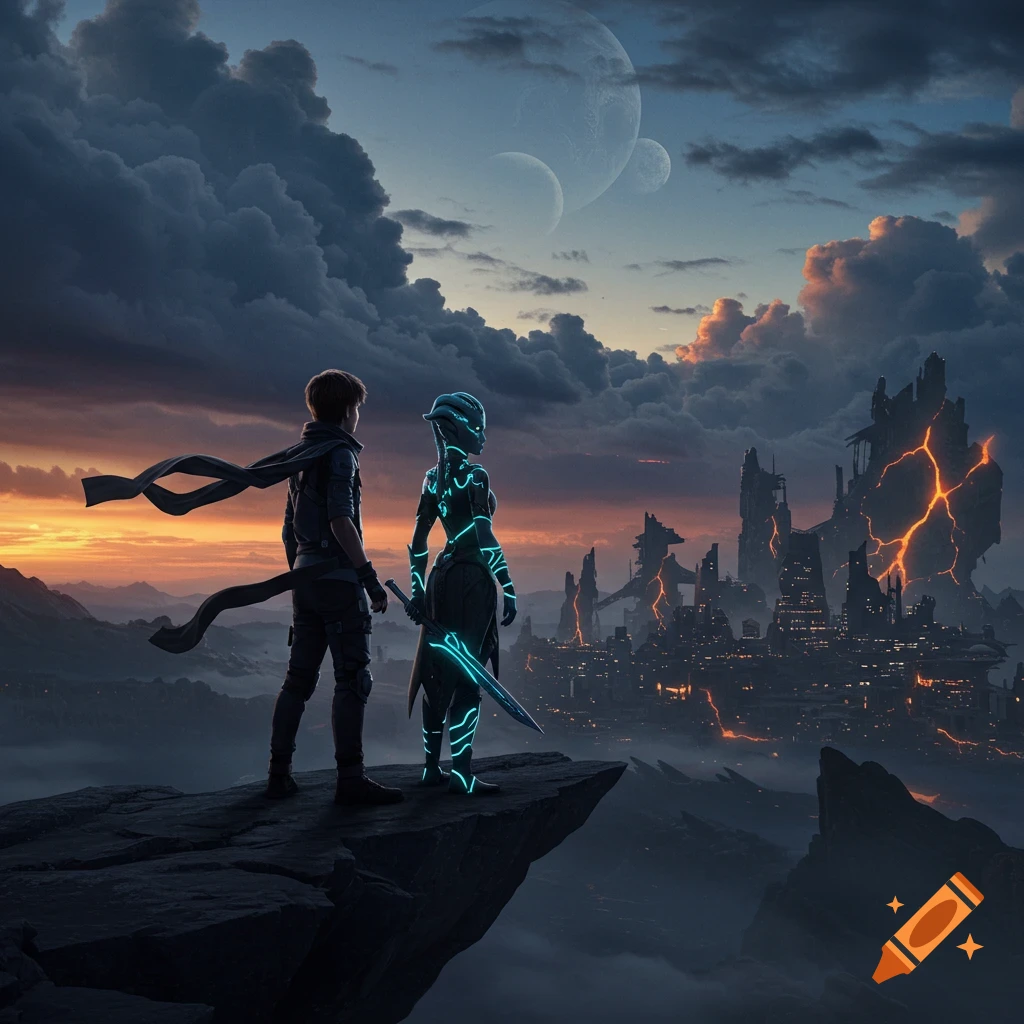 A boy and an alien girl on a cliff overlook a glowing ruined sci-fi city under a stormy sky with twin moons at dusk.