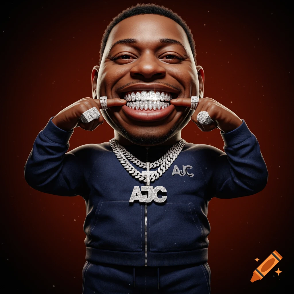 A hyper-realistic caricature of a man with an oversized head, wearing an AJC jogger set, diamond grill, rings, and chains.