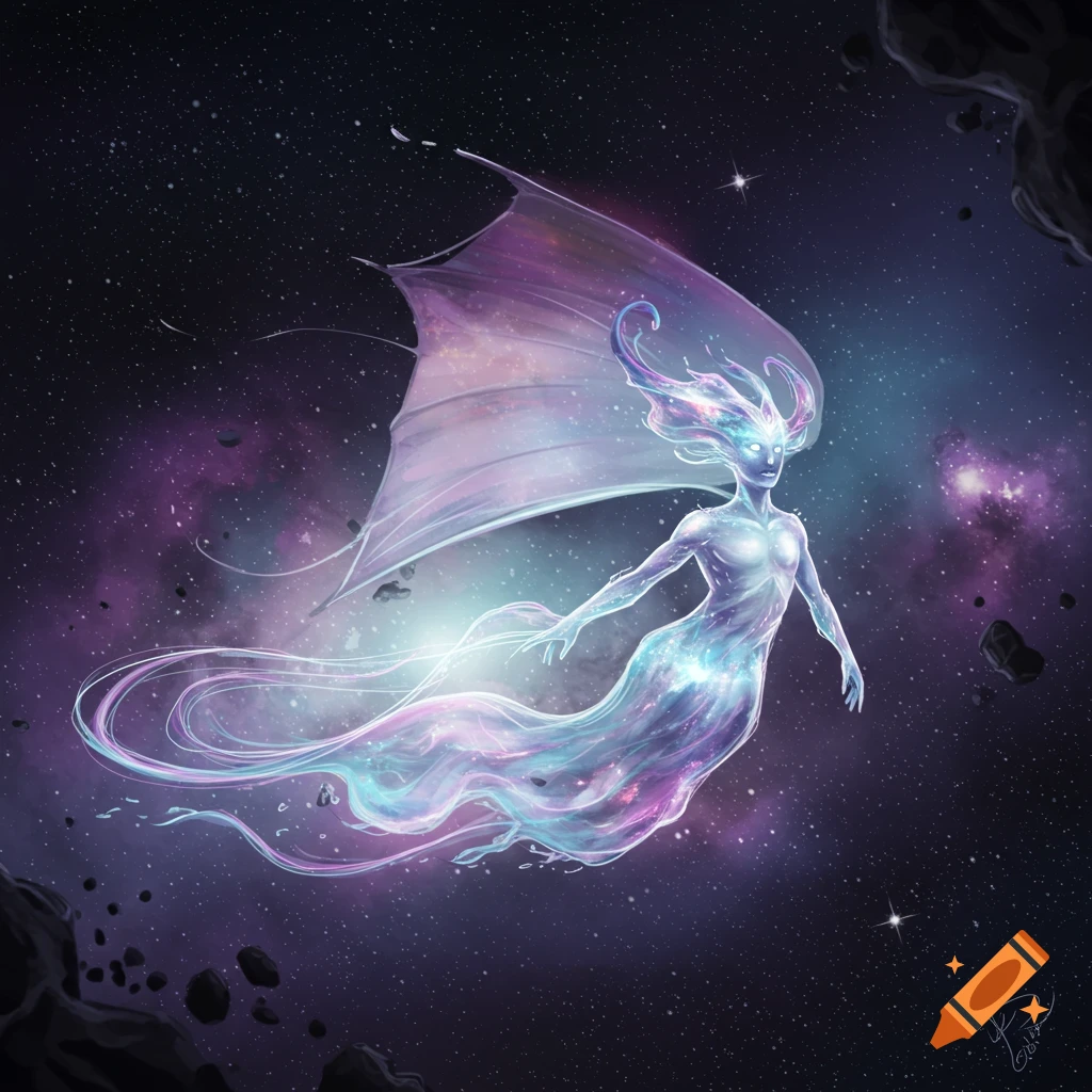 A glowing, ethereal humanoid figure with wing-like structures, composed of nebulae and stars, floats gracefully through a dark, asteroid-filled cosmos.