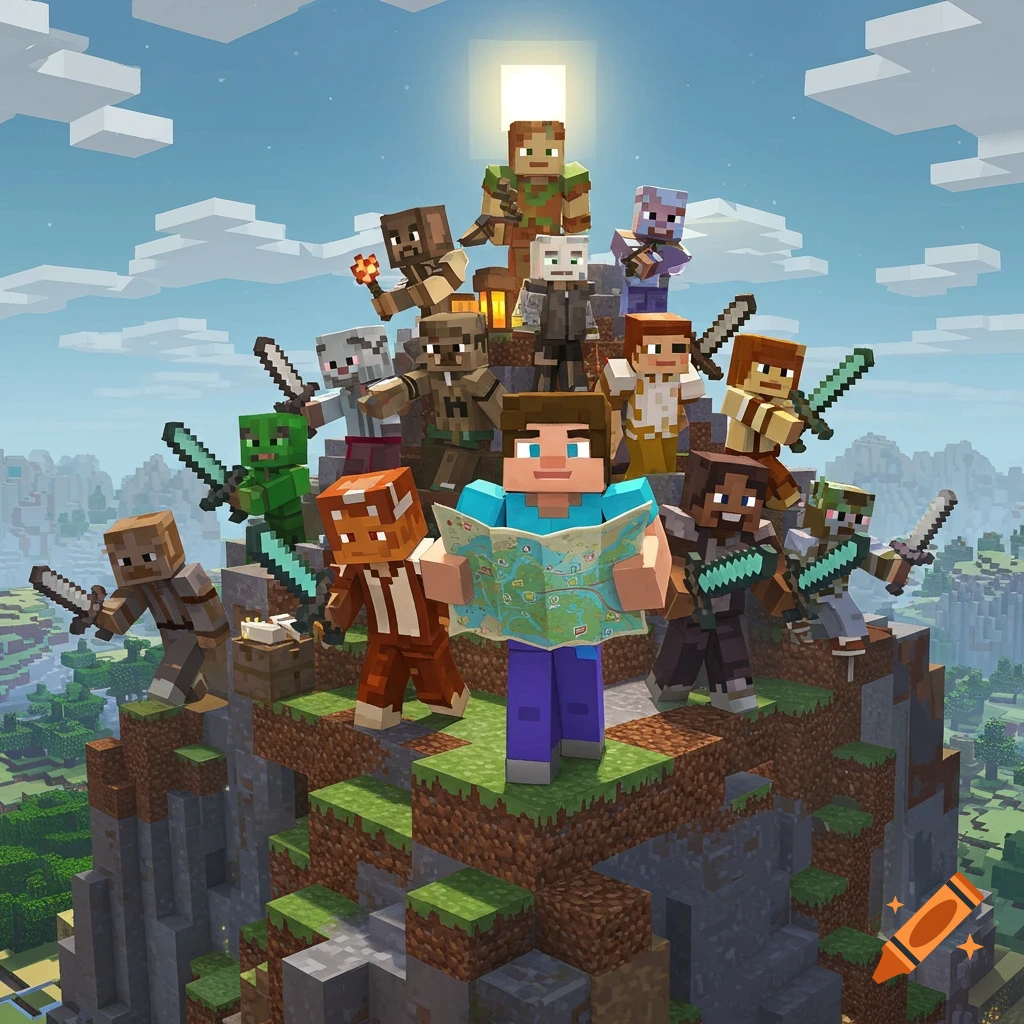 Minecraft characters on a mountain, one holding a map, others with swords, overlooking a blocky landscape.