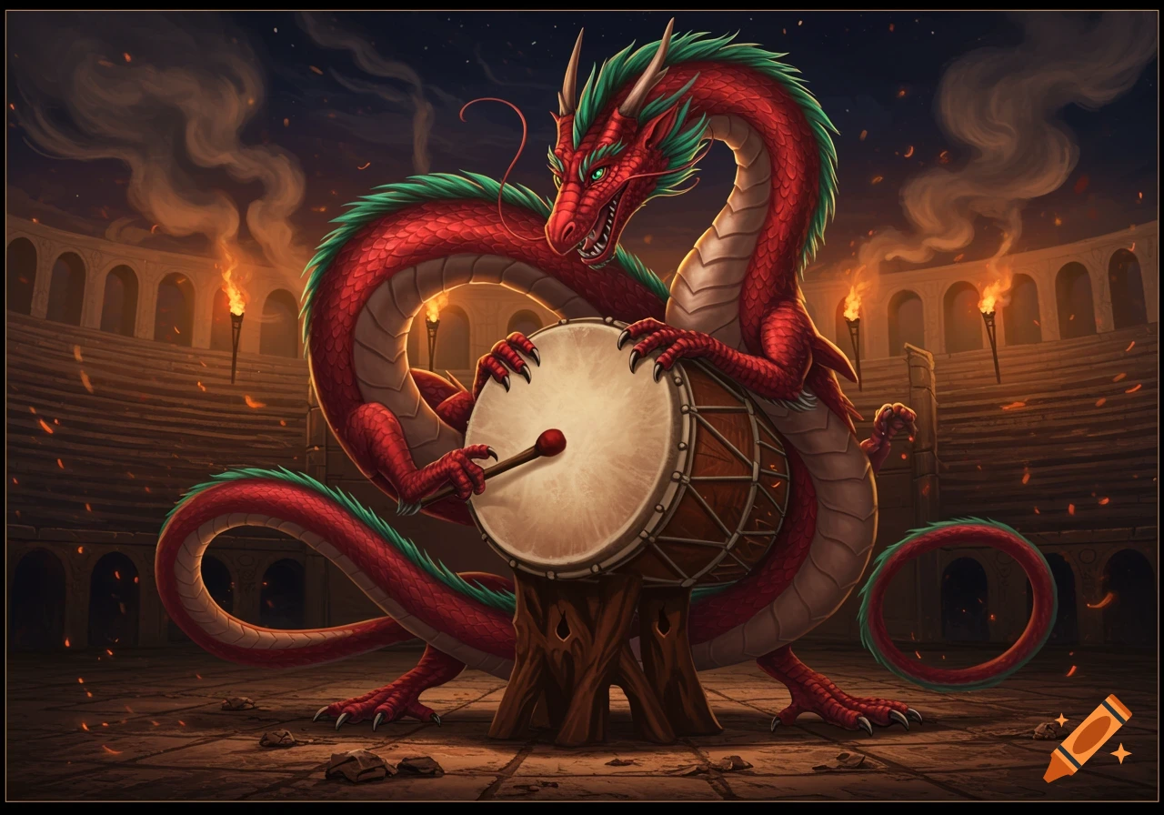 A red and green dragon plays a drum in a torchlit stone arena.