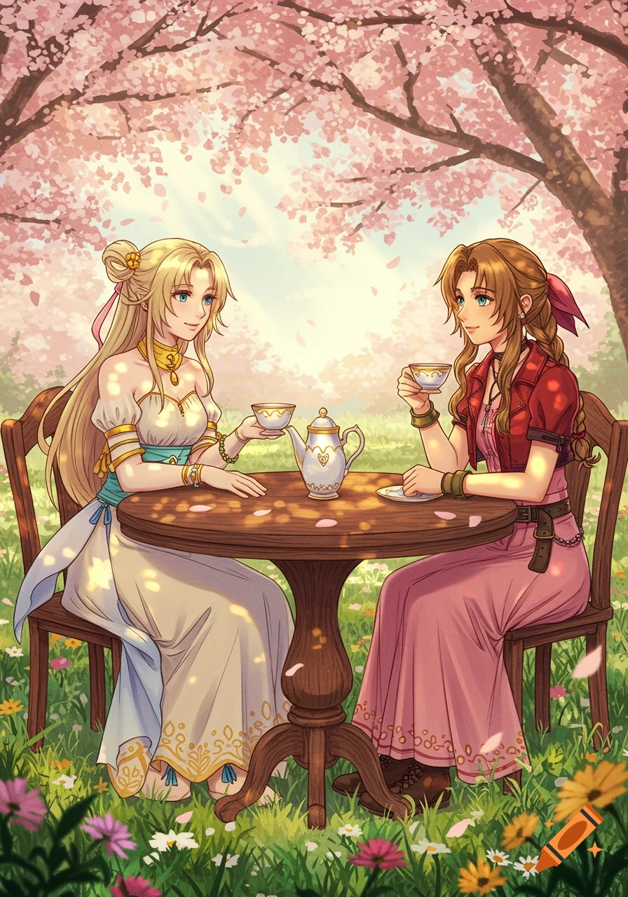 Two anime women enjoy tea at a table under a cherry blossom tree, surrounded by flowers.